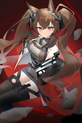 Rule 34 | 1girl, afaalphaxd, angelina (arknights), angelina (endfield) (arknights), animal ears, arknights, arknights: endfield, belt, black gloves, black thighhighs, blush, breasts, brown hair, chromatic aberration, coat, debris, dot nose, dress, earpiece, film grain, fox ears, fox girl, gloves, grey dress, hair intakes, high belt, highres, invisible chair, large breasts, long hair, looking at viewer, open clothes, open coat, orange eyes, red background, red coat, sidelocks, sitting, smile, solo, teeth, thighhighs, twintails