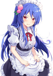 Rule 34 | 1girl, alternate costume, apron, apron hold, black dress, blue hair, blush, breasts, center frills, collared shirt, cowboy shot, dress, e.o., enmaided, food-themed hair ornament, frilled apron, frilled dress, frilled shirt, frills, hair ornament, highres, hinanawi tenshi, long hair, looking at viewer, maid, maid headdress, medium breasts, neck ribbon, parted lips, peach hair ornament, puffy short sleeves, puffy sleeves, red eyes, red ribbon, ribbon, shirt, short sleeves, simple background, solo, touhou, underbust, v-shaped eyebrows, very long hair, waist apron, white apron, white background, white shirt