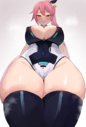 Rule 34 | 1girl, areola slip, ass, ass focus, blush, breasts, brown eyes, cleavage, curvy, highres, huge breasts, large breasts, long hair, looking at viewer, pink hair, ponytail, smile, smile, solo, thick thighs, thighhighs, thighs, third-party edit, wasabi sushi