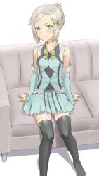 Rule 34 | 1girl, bare shoulders, black thighhighs, blue dress, blue sleeves, blush, bow, breasts, closed mouth, commentary request, couch, detached sleeves, dress, earrings, foot out of frame, freckles, frilled dress, frills, green bow, green eyes, grey hair, highres, jewelry, looking at viewer, lucy (rune factory), on couch, rune factory, rune factory 5, short hair, sitting, sleeveless, sleeveless dress, small breasts, solo, tanabe rf, thighhighs, white background