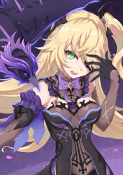 Rule 34 | 1girl, animal, bare shoulders, bird, black gloves, bow, cropped, eyepatch, fischl (genshin impact), frills, genshin impact, gloves, glowing, green eyes, half gloves, highres, long hair, open mouth, oz (genshin impact), petals, purple bow, purple eyes, teeth, tongue, twintails, upper teeth only, yuki7128