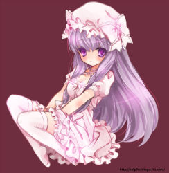 Rule 34 | 1girl, :o, bad id, bad pixiv id, bloomers, blush, bow, breasts, dress, female focus, frilled dress, frills, hair bow, hair ribbon, hat, hat bow, lace, lace-trimmed dress, lace trim, lolita fashion, long hair, patchouli knowledge, pink dress, pink theme, puffy sleeves, purple background, purple eyes, purple hair, ribbon, sacraneco, short sleeves, simple background, solo, thighhighs, touhou, underwear, v arms, watermark, web address, white thighhighs, zettai ryouiki