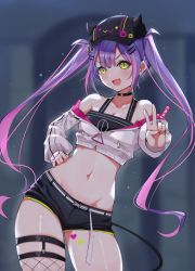 Rule 34 | 1girl, absurdres, blurry, blurry background, blush, breasts, cleavage, collarbone, cowboy shot, cromwellb, fang, green eyes, hair ornament, hairclip, hat, highres, hololive, jacket, long hair, looking at viewer, navel, purple hair, short shorts, shorts, stomach, thighhighs, thighs, tokoyami towa, twintails, v, virtual youtuber