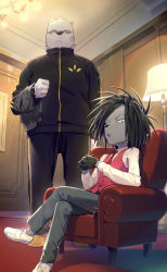Rule 34 | 2boys, animal, animal ears, armchair, bad id, bad pixiv id, black hair, black pants, blazer, carpet, chair, crossed legs, facial scar, fingers together, furry, furry male, glasses, gloves, grey pants, holding, holding clothes, holding jacket, indoors, jacket, unworn jacket, lamp, long sleeves, looking at viewer, male focus, multiple boys, necktie, no socks, odd taxi, pants, red neckwear, red vest, scar, scar on cheek, scar on face, sekiguchi (odd taxi), shirt, shoes, short hair, sitting, standing, track pants, vest, white hair, white legwear, white shirt, yano (odd taxi), yoshito (adore)