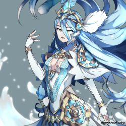 Rule 34 | 1girl, absurdres, azura (fire emblem), blue hair, elbow gloves, feather hair ornament, feathers, fingerless gloves, fire emblem, fire emblem fates, fire emblem heroes, gloves, graysheartart, feather hair ornament, hair ornament, highres, jewelry, long hair, nintendo, open mouth, pendant, solo, twitter username, upper body, white gloves, yellow eyes