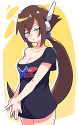 Rule 34 | 1girl, absurdres, aile (mega man zx), bare shoulders, blush, breasts, brown hair, buzzlyears, cleavage, collarbone, female focus, green eyes, highres, large breasts, long hair, looking at viewer, mega man (series), mega man zx, mega man zx advent, no pants, oversized clothes, oversized shirt, ponytail, robot ears, shirt, tagme