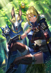 Rule 34 | 1girl, animal, arm strap, armor, asymmetrical clothes, bird, blonde hair, blurry, blurry background, breasts, canyne, cape, day, fishnet thighhighs, fishnets, forest, gloves, heterochromia, light rays, long hair, looking at viewer, medium breasts, melynx, mole, mole under eye, monster hunter (series), nature, partially fingerless gloves, pointy ears, ponytail, profile, shoulder armor, sitting, smile, solo, sunbeam, sunlight, thighhighs, tree, tree stump, unowen, wrist guards