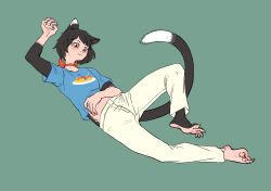 Rule 34 | 1girl, absurdres, animal ears, arm up, barefoot, black fur, black hair, blue shirt, body fur, bow, bowtie, breasts, casual, cat ears, cat girl, cat tail, choker, claw pose, closed mouth, cropped shirt, dungeon meshi, fingernails, floating, food, full body, green background, hand on own stomach, highres, izutsumi, jiachong044, knee up, looking at viewer, lying, midriff, omelet, on back, pants, print shirt, red bow, red bowtie, red choker, sharp fingernails, sharp toenails, shirt, short hair, short sleeves, simple background, small breasts, smile, soles, solo, swept bangs, t-shirt, tail, toenails, white nails, white pants, yellow eyes