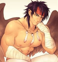 Rule 34 | 1boy, abs, artist name, bandaged hand, bandages, bara, bird wings, commentary, english commentary, feather necklace, fire emblem, fire emblem: path of radiance, fire emblem: radiant dawn, head on hand, headband, highres, jewelry, looking at viewer, male focus, multiple scars, necklace, nintendo, pectorals, pillyart, pointy ears, red headband, scar, scar on arm, scar on chest, scar on face, scar on nose, tibarn (fire emblem), topless male, white background, wings
