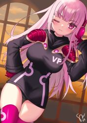 Rule 34 | 1girl, 2023, armor, black bodysuit, black panties, blunt bangs, blush, bodysuit, breasts, contrapposto, cosplay, crossed legs, dated, dutch angle, gloves, hand in own hair, hand on own hip, highres, hololive, hololive english, jewelry bonney, jewelry bonney (cosplay), jewelry bonney (egghead), large breasts, long hair, looking at viewer, mori calliope, mori calliope (vegapunk), one eye closed, one piece, panties, pink eyes, pink hair, red gloves, red thighhighs, shoulder armor, sidelocks, signature, skindentation, thick thighs, thighhighs, thighs, underwear, virtual youtuber, watashishi, watson cross, window