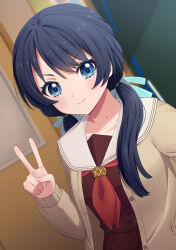Rule 34 | 1girl, absurdres, blue eyes, blue hair, blue ribbon, blurry, blurry background, brown cardigan, brown dress, cardigan, chalkboard, closed mouth, collarbone, commentary request, dark blue hair, door, dress, dutch angle, hair ribbon, hasu no sora school uniform, highres, light frown, link! like! love live!, long hair, long sleeves, looking at viewer, love live!, low twintails, mole, mole on neck, murano sayaka, neckerchief, open cardigan, open clothes, red neckerchief, ribbon, sailor collar, sailor dress, school uniform, solo, tera dash, twintails, upper body, v, v-shaped eyebrows, white sailor collar, winter uniform