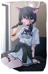 Rule 34 | 1girl, absurdres, animal ears, belt, black belt, black choker, black hair, black jacket, black mask, blue archive, blush, cat ears, choker, clothes around waist, dantyou2525, extra ears, halo, highres, holding, holding microphone, jacket, jacket around waist, kazusa (band) (blue archive), kazusa (blue archive), mask, microphone, mouth mask, official alternate costume, open mouth, pink halo, pleated skirt, red eyes, shirt, short hair, short sleeves, sitting, skirt, solo, thigh belt, thigh strap, white shirt, white skirt