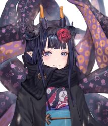 Rule 34 | 1girl, absurdres, black flower, black scarf, blush, braid, closed mouth, enpera, eyeshadow, flower, hair flower, hair horns, hair ornament, highres, hololive, hololive english, japanese clothes, long hair, looking at viewer, makeup, multicolored hair, ninomae ina&#039;nis, ninomae ina&#039;nis (new year), orange hair, patterned, pointy ears, purple eyes, purple hair, rain rakan, red flower, red rose, rose, scarf, smile, solo, tentacles, tiara, upper body, virtual youtuber, white background