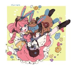 Rule 34 | 1girl, ace attorney, alternate costume, animal ears, bag, blue eyes, blush, bow, bow-shaped hair, brown footwear, brown gloves, character doll, dress, drill hair, easter egg, egg, flower, frilled dress, frilled gloves, frills, full body, gloves, hair rings, hat, hazime, herlock sholmes, holding, iris wilson, long hair, looking at viewer, open mouth, pink dress, pink hair, puffy sleeves, rabbit ears, ryunosuke naruhodo, smile, stuffed animal, stuffed rabbit, stuffed toy, susato mikotoba, the great ace attorney, twin drills, twintails, yellow bow