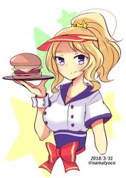 Rule 34 | 10s, 1girl, alternate costume, blonde hair, blue eyes, bow, burger, closed mouth, commentary, dated, food, girls und panzer, hair ornament, hair up, hat, highres, holding, kay (girls und panzer), looking at viewer, medium hair, namatyoco, one-hour drawing challenge, plate, red bow, red hat, shirt, short ponytail, short sleeves, smile, solo, standing, star (symbol), star hair ornament, starry background, twitter username, upper body, visor cap, waitress, white shirt, wrist cuffs