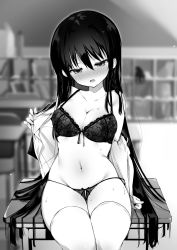 Rule 34 | 1girl, blue eyes, blush, bow, bow bra, bow panties, bra, braid, breasts, classroom, cleavage, commentary request, desk, greyscale, hair between eyes, highres, indoors, kurimochi chizuru, lace, lace-trimmed bra, lace trim, large breasts, long hair, monochrome, navel, open clothes, open mouth, open shirt, original, panties, school desk, side-tie panties, single braid, sitting, solo, string panties, sweat, thighhighs, underwear, undressing, very long hair