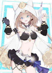 Rule 34 | 1girl, absurdres, bare shoulders, black gloves, caisena, character request, claw pose, gloves, hands up, head tilt, highres, honkai (series), honkai impact 3rd, hood, midriff, navel, pardofelis (honkai impact), revealing clothes, single glove, solo, stomach, thighs