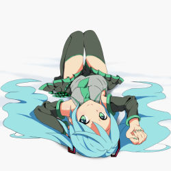 Rule 34 | 1girl, aqua hair, detached sleeves, green eyes, hatsune miku, kaiman, long hair, lying, necktie, on back, skirt, solo, thighhighs, twintails, very long hair, vocaloid