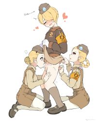 Rule 34 | 1boy, 2girls, anal, anal fingering, artist request, blonde hair, blush, brown skirt, censored, character request, circle skirt, clothed sex, clothes lift, cum, cum in mouth, ejaculation, closed eyes, fellatio, fingering, girls&#039; frontline, hat, highres, lifting own clothes, m2 (girls&#039; frontline), military, military uniform, miniskirt, multiple girls, no panties, oral, panties, penis, red eyes, short hair, skirt, skirt lift, sweat, testicles, trap, underwear, uniform, white background