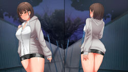 Rule 34 | 1girl, artist request, ass, bike shorts, blush, breasts, brown hair, cameltoe, cleft of venus, from behind, jacket, large breasts, legs, multiple views, open clothes, open jacket, original, pussy juice, short hair, solo, thick thighs, thighs