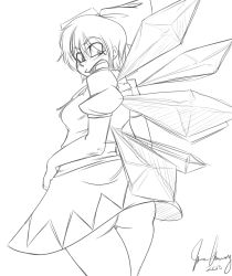 Rule 34 | 1girl, ass, blush, bow, cirno, dress, embarrassed, from behind, greyscale, hair bow, highres, ice, ice wings, monochrome, puffy short sleeves, puffy sleeves, radlionheart, short hair, short sleeves, signature, sketch, solo, touhou, wings