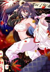 Rule 34 | 1girl, absurdres, belt, black belt, black choker, black jacket, blue eyes, blue hair, breasts, calligraphy brush, chest sarashi, choker, cleavage, closed mouth, commentary, floral print, highres, holding, holding brush, holding scroll, holding sword, holding weapon, jacket, kappaako, katana, kson, large breasts, long hair, looking at viewer, mole, mole under eye, multicolored clothes, multicolored hair, multicolored jacket, navel, one eye closed, paintbrush, pants, purple hair, sarashi, scroll, souchou, spiked choker, spikes, streaked hair, sword, two-tone jacket, virtual youtuber, vshojo, weapon, white jacket, white pants