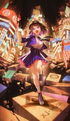 Rule 34 | 1girl, black hair, blouse, blue eyes, blue jacket, blue skirt, breasts, building, buttons, cityscape, collared shirt, fate/requiem, fate (series), full body, high-waist skirt, jacket, large breasts, long sleeves, looking at viewer, medium hair, multicolored hair, necktie, official art, open clothes, open jacket, open mouth, pink hair, reoen, shirt, sidelocks, skirt, skyscraper, solo, streaked hair, utsumi erice, utsumi erice (mission start), white shirt