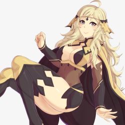 Rule 34 | 1girl, absurdres, ahoge, asymmetrical bangs, blonde hair, bodystocking, breasts, cape, circlet, closed mouth, covered navel, fire emblem, fire emblem fates, gauntlets, grey eyes, highres, long hair, lucky zero, medium breasts, nintendo, ophelia (fire emblem), thighhighs, turtleneck