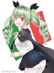 Rule 34 | 10s, 1girl, anchovy (girls und panzer), anzio school uniform, artist name, ass, black cape, black necktie, black ribbon, black skirt, cape, commentary, dated, dress shirt, drill hair, fang, from side, girls und panzer, green hair, hair ribbon, holding, italian flag, long hair, long sleeves, looking at viewer, miniskirt, necktie, open mouth, pantyhose, pleated skirt, red eyes, ribbon, riding crop, school uniform, shirt, signature, skirt, smile, solo, standing, tam a mat, twin drills, twintails, white pantyhose, white shirt