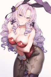 Rule 34 | 1girl, animal ears, bare shoulders, bow, bowtie, breast hold, breasts, cleavage, collarbone, cowboy shot, curly hair, detached collar, drill hair, drill sidelocks, fake animal ears, fake tail, fangxiang cuoluan, gloves, hairband, highres, hyakumantenbara salome, large breasts, leotard, long hair, looking at viewer, nijisanji, pantyhose, playboy bunny, rabbit ears, rabbit tail, red leotard, ringlets, side drill, sidelocks, solo, strapless, strapless leotard, tail, twin drills, virtual youtuber, wrist cuffs