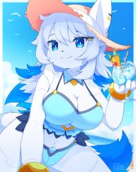 Rule 34 | 1girl, absurdres, araunia, bikini, blue bikini, blue eyes, bracelet, breasts, cleavage, closed mouth, cup, day, drinking glass, furry, furry female, gift art, hat, highres, holding, holding cup, jewelry, large breasts, long hair, original, outdoors, smile, solo, sun hat, swimsuit, white hair