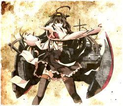 Rule 34 | 10s, 1girl, ahoge, brown hair, detached sleeves, foreshortening, hair ornament, hairband, headgear, highres, japanese clothes, kantai collection, kongou (kancolle), long hair, looking at viewer, mecha musume, nontraditional miko, personification, skirt, solo, thighhighs, tsukumo (soar99)