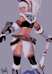 Rule 34 | 1girl, arm warmers, artist name, ass, black gloves, black thighhighs, blue eyes, boots, commentary, crop top, dagger, elbow gloves, feet out of frame, fkey, from behind, fur trim, gloves, grey background, grey footwear, grey panties, heart, highres, knife, long hair, looking at viewer, looking back, midriff, monster hunter, monster hunter: world, monster hunter (series), original, panties, planted, ponytail, pouch, scabbard, sheath, sheathed, sidelocks, signature, silver hair, simple background, sleeveless, solo, standing, swept bangs, thighhighs, thighs, underwear, weapon
