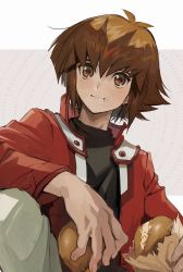 Rule 34 | 1boy, aoki (fumomo), black shirt, bread, brown eyes, brown hair, closed mouth, commentary, duel academy uniform (yu-gi-oh! gx), food, hair between eyes, highres, holding, holding food, jacket, long sleeves, looking at viewer, male focus, open clothes, open jacket, pants, red jacket, shirt, short hair, sitting, smile, solo, symbol-only commentary, two-tone background, white background, yu-gi-oh!, yu-gi-oh! gx, yuki judai