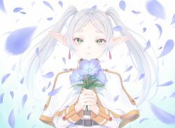 Rule 34 | 1girl, belt, black belt, capelet, commentary request, earrings, elf, expressionless, flower, frieren, gotou hisashi, green eyes, grey hair, highres, holding, holding flower, jewelry, petals, pointy ears, solo, sousou no frieren, twintails, upper body, white capelet