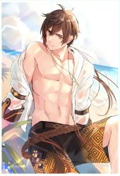 Rule 34 | 1boy, abs, absurdres, bad id, bad pixiv id, beach, border, brown hair, closed mouth, cloud, day, earrings, genshin impact, goroo (eneosu), hair between eyes, highres, huge filesize, jewelry, long hair, looking at viewer, male focus, necklace, open clothes, open shirt, orange eyes, outdoors, ponytail, shirt, shorts, single earring, sitting, sky, solo, tassel, tassel earrings, wet, wet clothes, white border, white shirt, zhongli (genshin impact)