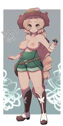 Rule 34 | 1girl, blonde hair, blue background, blush, boots, border, breasts, brown footwear, closed mouth, commission, creatures (company), english text, full body, game freak, green eyes, green overalls, hanna bigsby, hat, highres, holding, holding poke ball, lamb-oic029, large breasts, long hair, looking at viewer, low-tied long hair, nintendo, nipples, original, overalls pull, poke ball, pokemon, signature, skeb commission, smile, solo, topless, very long hair, white border