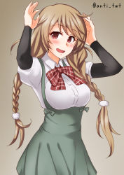 Rule 34 | 1girl, anti (untea9), arm warmers, beige dress, blush, bow, bowtie, braid, breasts, brown background, brown eyes, buttons, cloud hair ornament, collared shirt, cowboy shot, dress shirt, gradient background, gradient hair, hands up, highres, kantai collection, light brown hair, long hair, looking at viewer, low twin braids, medium breasts, minegumo (kancolle), multicolored hair, open mouth, plaid, plaid bow, plaid bowtie, plaid neckwear, pleated skirt, red bow, red bowtie, red eyes, red ribbon, ribbon, shirt, short sleeves, skirt, smile, solo, suspender skirt, suspenders, twin braids, twitter username, white shirt