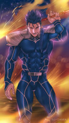 Rule 34 | 1boy, abs, absurdres, armor, artist name, blue bodysuit, blue hair, bodysuit, bulge, closed mouth, cu chulainn (fate), cu chulainn (fate/stay night), earrings, fate/stay night, fate (series), gae bolg (fate), grin, highres, holding, holding polearm, holding weapon, jewelry, long hair, looking at viewer, male focus, muscular, muscular male, pauldrons, pectorals, polearm, ponytail, red eyes, shoulder armor, skin tight, smile, solo, spiked hair, suyohara, weapon