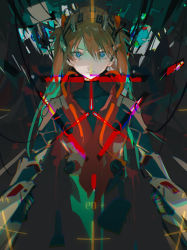 Rule 34 | 1girl, absurdres, alternate hairstyle, artist request, bodysuit, breasts, brown hair, disgust, evangelion: 3.0+1.0 thrice upon a time, hair between eyes, hair ornament, highres, interface headset, lips, looking at viewer, medium breasts, neon genesis evangelion, neon lights, official alternate costume, plugsuit, rebuild of evangelion, serious, shiny clothes, skin tight, solo, souryuu asuka langley, twintails, upper body