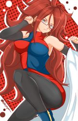 Rule 34 | android 21, black-framed eyewear, blue eyes, breasts, brown hair, checkered clothes, checkered dress, clenched hands, detached sleeves, dragon ball, dragon ball fighterz, dress, earrings, glasses, hoop earrings, jewelry, large breasts, legs, pantyhose, ring, sleeveless, sleeveless dress, smile, solo, turtleneck, turtleneck dress, twitter username