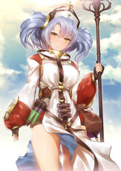 Rule 34 | 10s, 1girl, arm at side, bag, belt, blue hair, blue sky, blush, breasts, buckle, closed mouth, cloud, cowboy shot, cross, drawstring bag, earrings, fingerless gloves, gloves, granblue fantasy, hair between eyes, hair ornament, hat, holding, holding staff, jewelry, large breasts, legs apart, long hair, long sleeves, looking at viewer, pelvic curtain, ring, shade, sky, smile, solo, sophia (granblue fantasy), staff, test tube, turtleneck, twintails, yaman (yamanta lov), yellow eyes