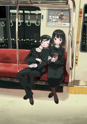 Rule 34 | 2girls, absurdres, black hair, black jacket, black legwear, black pants, black shirt, black skirt, blush, cellphone, city, closed eyes, crossed legs, female focus, formal, highres, jacket, jewelry, leaning on person, leaning to the side, long sleeves, looking at phone, medium hair, multiple girls, necklace, night, open mouth, original, pants, pearl necklace, phone, shirt, short hair, siblings, sisters, sitting, skirt, sleeping, smartphone, suit, train interior, zinbei