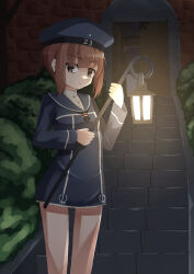 Rule 34 | 1girl, black dress, black hat, black neckerchief, blue sailor collar, brown eyes, commentary request, dress, feet out of frame, gfx asteroid, hat, highres, kantai collection, lamp, looking at viewer, neckerchief, sailor collar, sailor dress, sailor hat, short hair, sidelocks, solo, stairs, standing, z3 max schultz (kancolle)