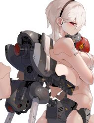Rule 34 | 1girl, absurdres, android, arched back, arms under breasts, breasts, dot triangle, from side, hair flowing over, hair over breasts, hairband, highres, hose, jetpack, long hair, looking at viewer, mechanical parts, medium breasts, nude, original, red eyes, robot, science fiction, simple background, solo, thrusters, vernier thrusters, white background, white hair, yunimaru