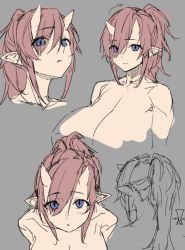 Rule 34 | 1girl, blue eyes, breasts, brown hair, cleavage, closed mouth, completely nude, grey background, horns, huge breasts, looking at viewer, medium hair, multiple views, nude, obmas, oni, oni horns, original, parted lips, ponytail, slit pupils