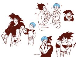 1boy 1girl 2boys artist_name black_eyes black_hair blue_eyes blue_hair boots breasts bulma carrying caterpillar collage couple dirty dirty_clothes dirty_face dougi dragon_ball eating food food_on_face hands_on_own_hips heart highres holding holding_food hug husband_and_wife injury jewelry looking_at_another multiple_boys multiple_views muscular muscular_male open_mouth pants shirt short_hair simple_background smile son_goku spiked_hair spot_color torn_clothes user_jkuy7848 vegeta white_background wristband