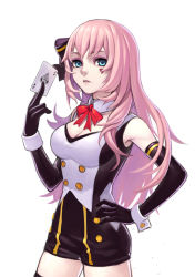 Rule 34 | 1girl, blackjack (vocaloid), blue eyes, bow, bowtie, breasts, card, cleavage, cowboy shot, detached collar, elbow gloves, fkey, gloves, hand on own hip, holding, holding card, long hair, megurine luka, pink hair, project diva (series), project diva f 2nd, red bow, red bowtie, solo, thighhighs, vocaloid, white background