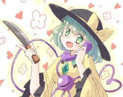 Rule 34 | 1girl, arnest, blush, bow, collared shirt, eyeball, eyebrows, floral background, green eyes, green hair, hat, hat bow, heart, heart-shaped pupils, heart background, heart of string, kitchen knife, knife, komeiji koishi, long sleeves, matching hair/eyes, open mouth, phone, shirt, short hair, smile, solo, symbol-shaped pupils, talking on phone, third eye, touhou, wide sleeves