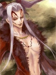 Rule 34 | 1990s (style), 1girl, breasts, cleavage, dress, female focus, final fantasy, final fantasy viii, fur collar, grey hair, long hair, makeup, midriff, navel, red dress, retro artstyle, solo, ultimecia